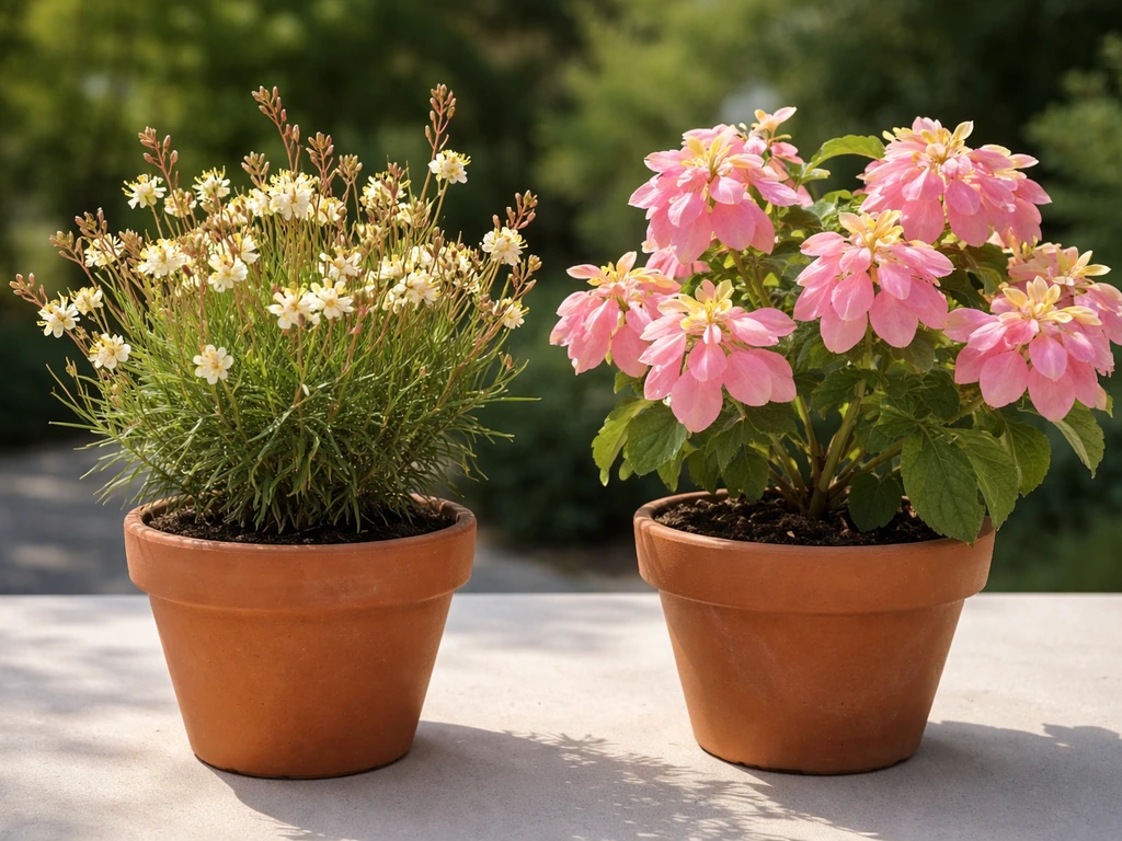 Two potted ornamental plants with parasol-like blooms on a simple patio table.