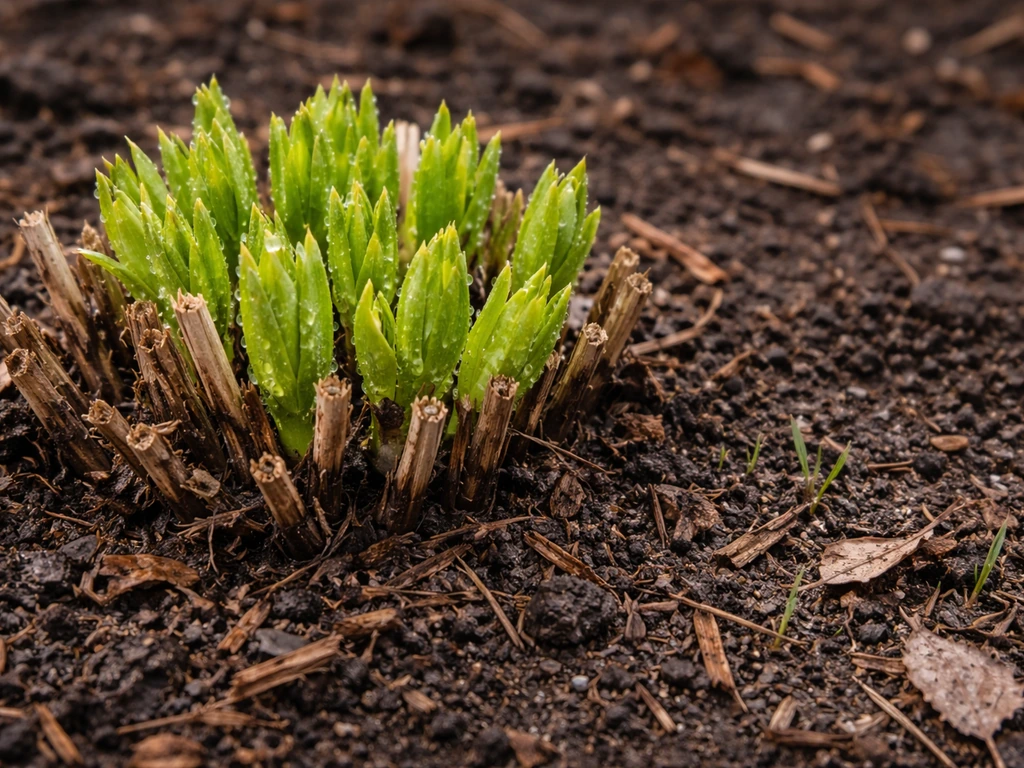 Spring regrowth shoots from a parasol flower crown in soil, with nearby sparse growth suggesting colder zones.