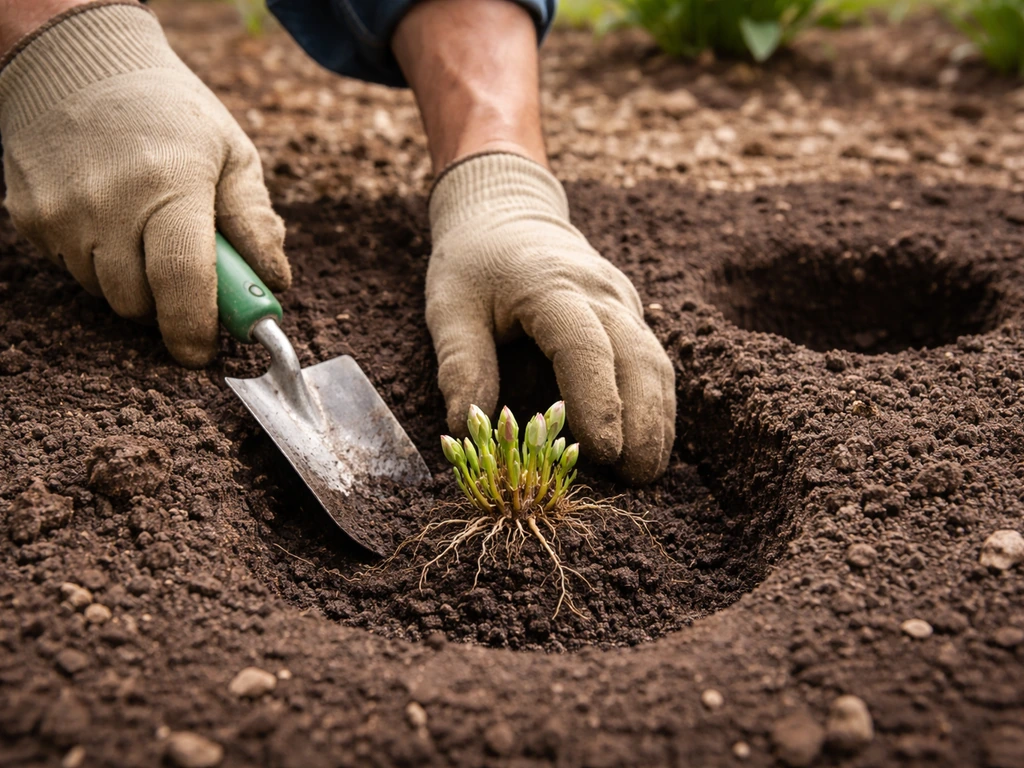 Gardener hands placing a plant crown into a hole at correct depth with trowel and spaced garden bed