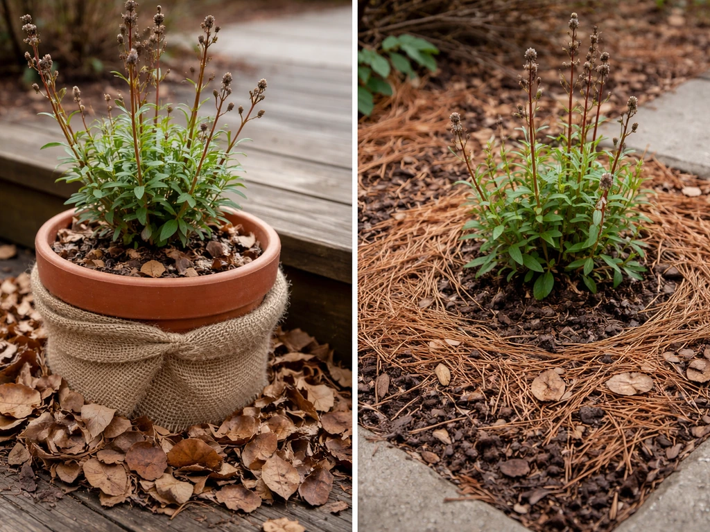 Oenothera lindheimeri protected for winter in a burlap-insulated container and a mulched in-ground bed.