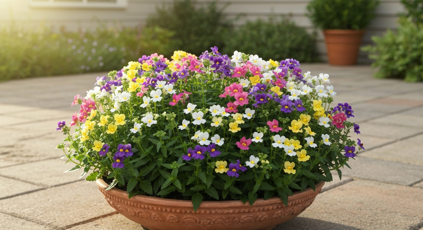 Terracotta pot of mixed-colour nemesia in full bloom on a sunlit patio, showing bushy habit and compost surface.