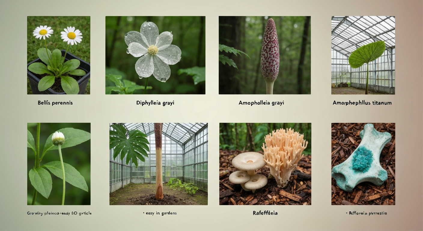 Collage of six photorealistic botanical vignettes: English daisy in a pot; skeleton flower turning transparent with rain in a shaded woodland; titan arum inflorescence in a greenhouse; Rafflesia bloom on a host vine in tropical forest; pale blossom-like fungi on wood chips; old bone with bright blue-green vivianite crystals. Each vignette is labeled with species name and a short note.