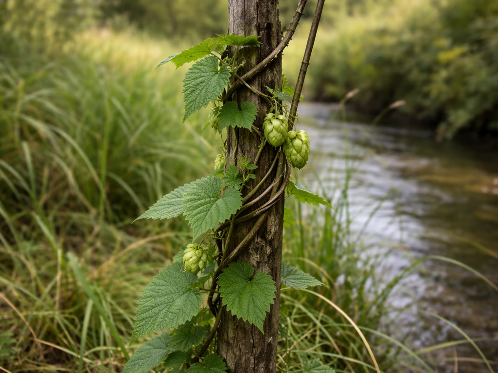 Wild hop vine twining up a wooden support along a streambank with green leaves and hop cones.