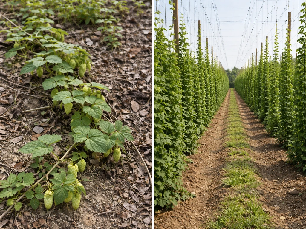 Split scene: wild hop-like vine twining near ground beside cultivated trellised hop rows