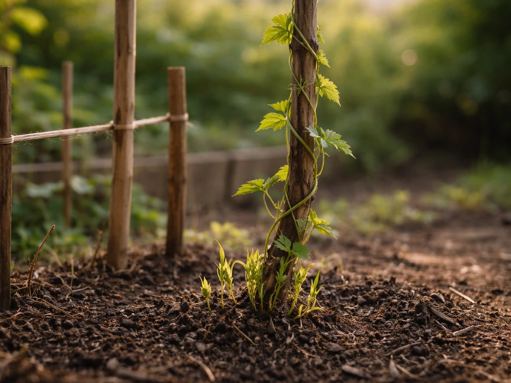 Hop vine regrowing from the ground and twining up nearby vertical supports in a natural garden
