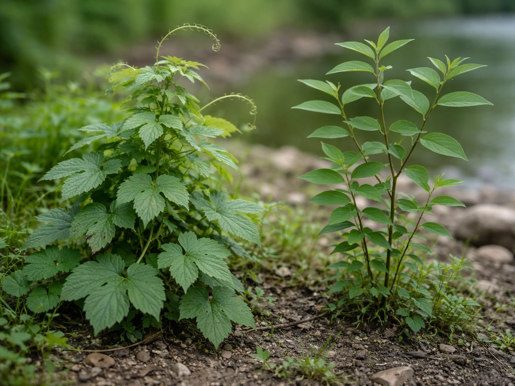 Close-up of wild hops and dogbane side-by-side showing different leaf arrangement and plant form.