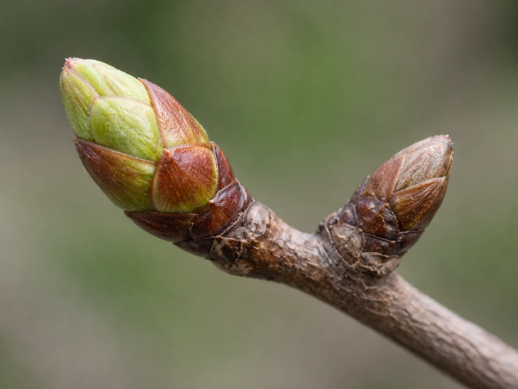 Macro view of one plant stem showing a swelling bud versus a stalled bud with dry papery scales.