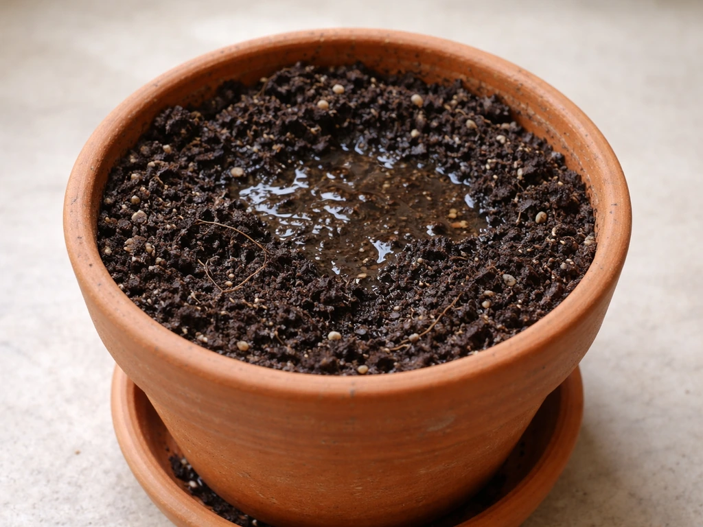 Close-up of a terracotta pot with evenly moist, not soggy soil and visible fine roots.