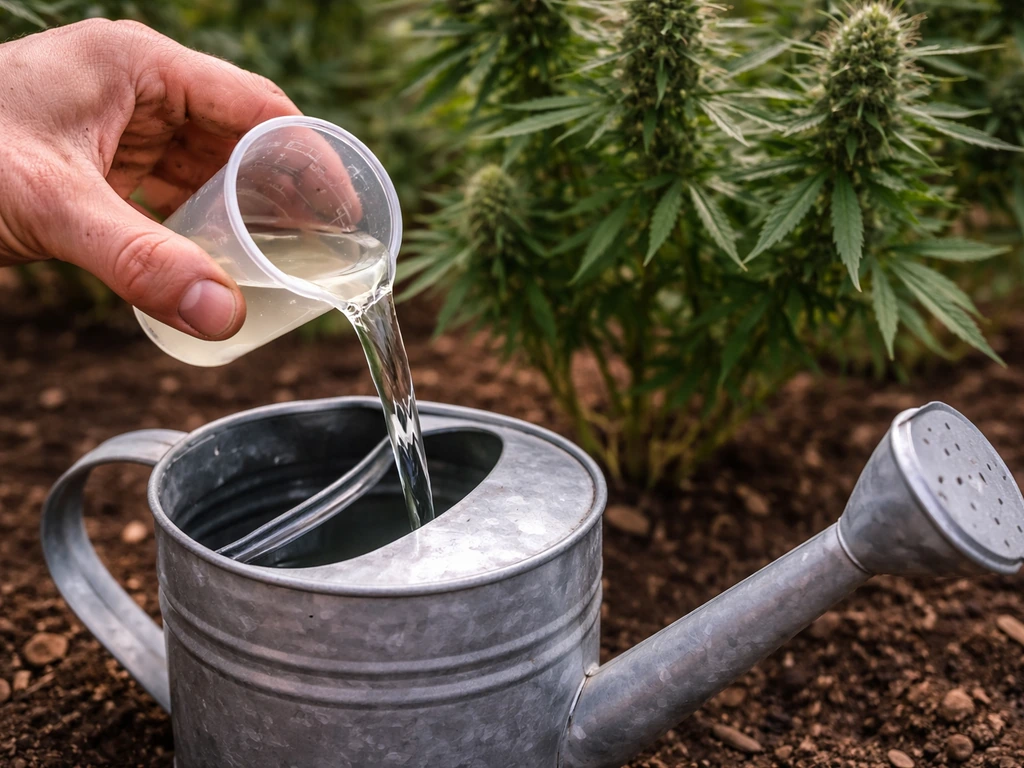 Gardening hands measuring and pouring a dilute fertilizer solution into a watering can for plant bud growth.