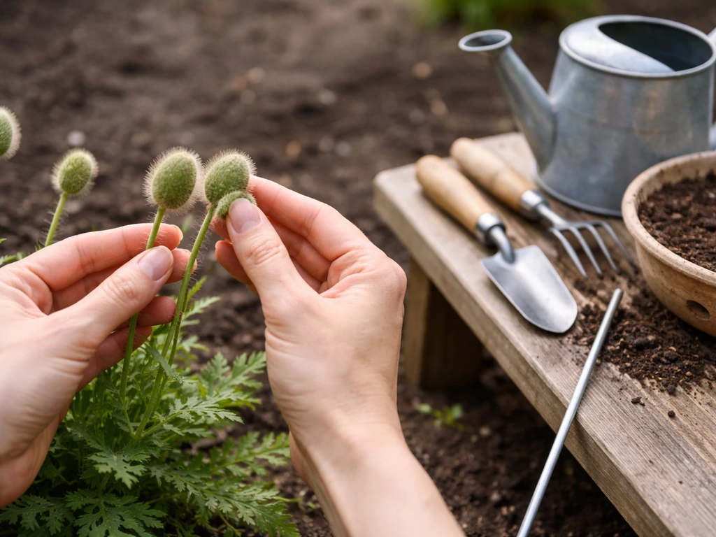 Hands inspecting poppy buds closely beside a soil moisture check and watering-drainage tools on a garden bench