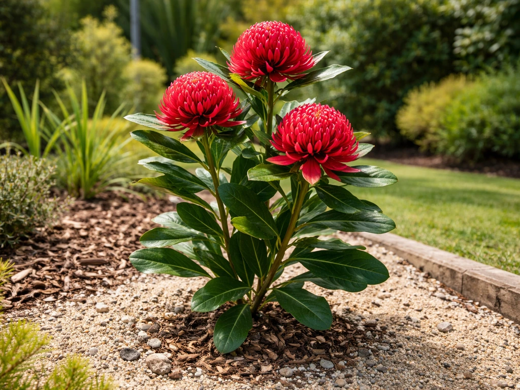 Healthy waratah with crimson blooms in a raised, well-drained Brisbane garden bed.