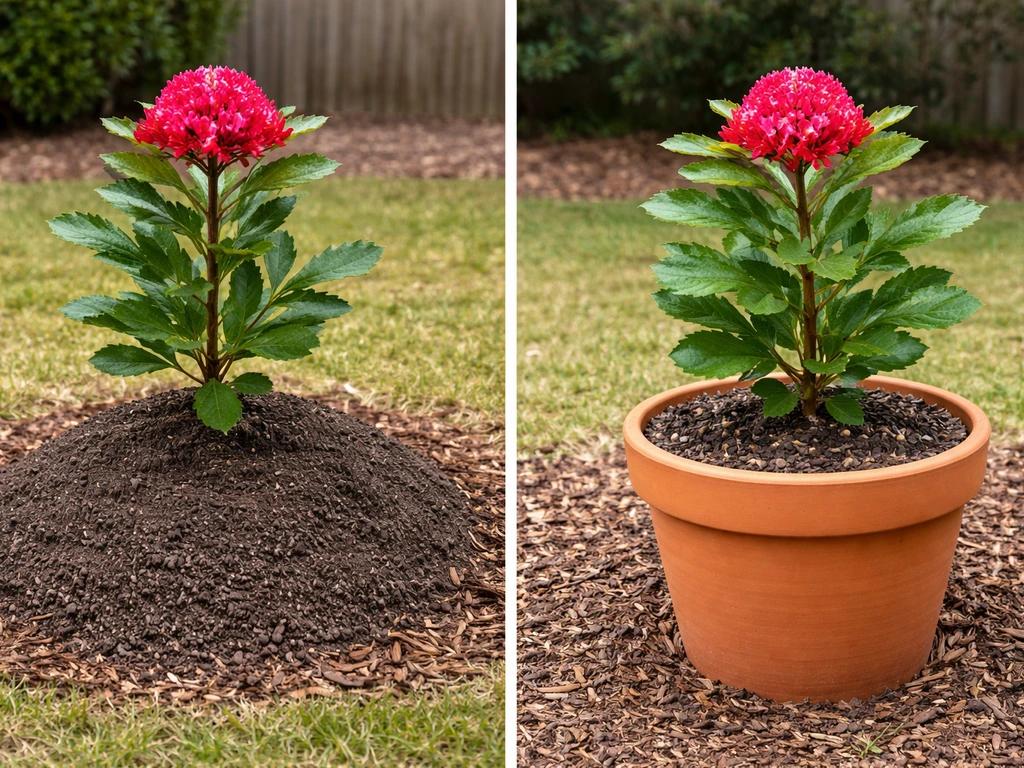 Waratah side-by-side: mound in-ground bed versus waratah in a container for Brisbane drainage control.