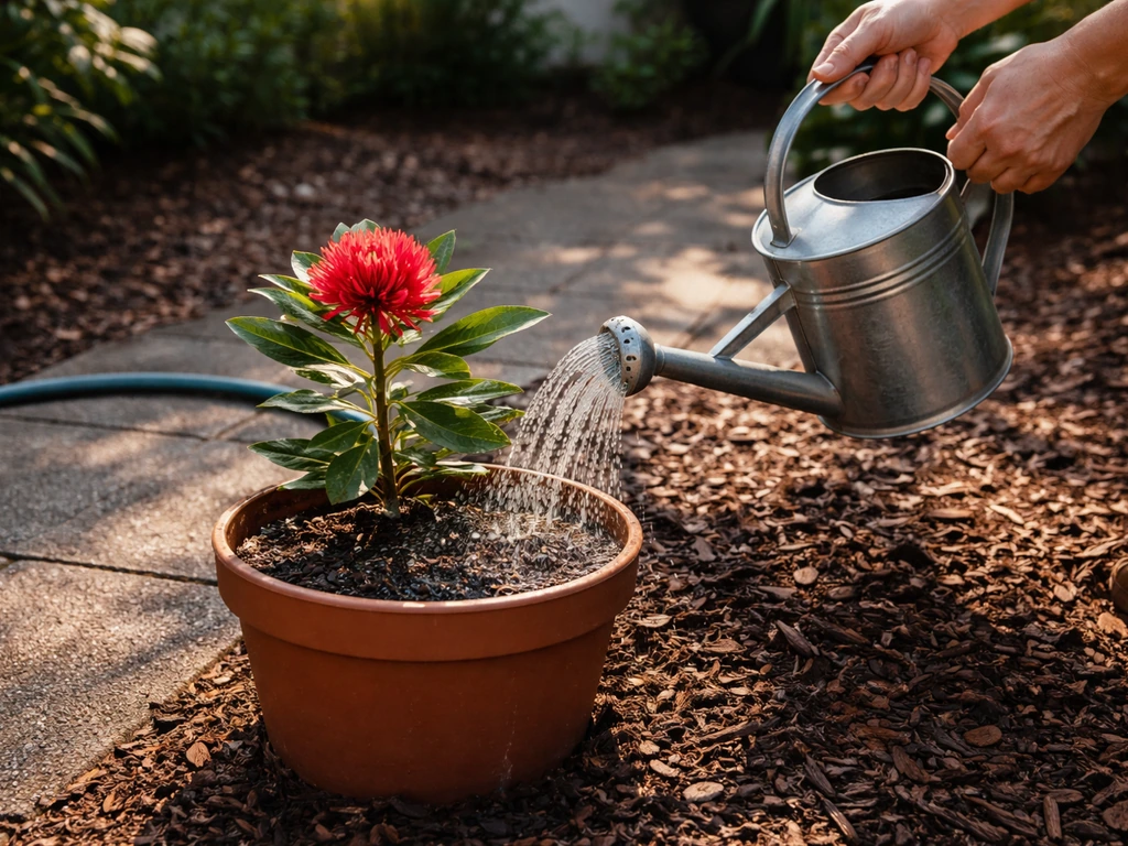 Hand watering a potted waratah with a watering can over mulch in bright outdoor light.