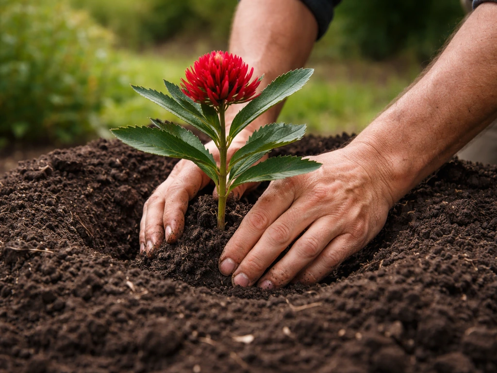 Hands placing a waratah into a prepared mound hole with soil line and backfill visible.