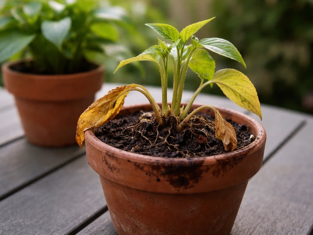 Close-up of wilting yellow leaves from root rot in a pot, with healthy green foliage blurred nearby.