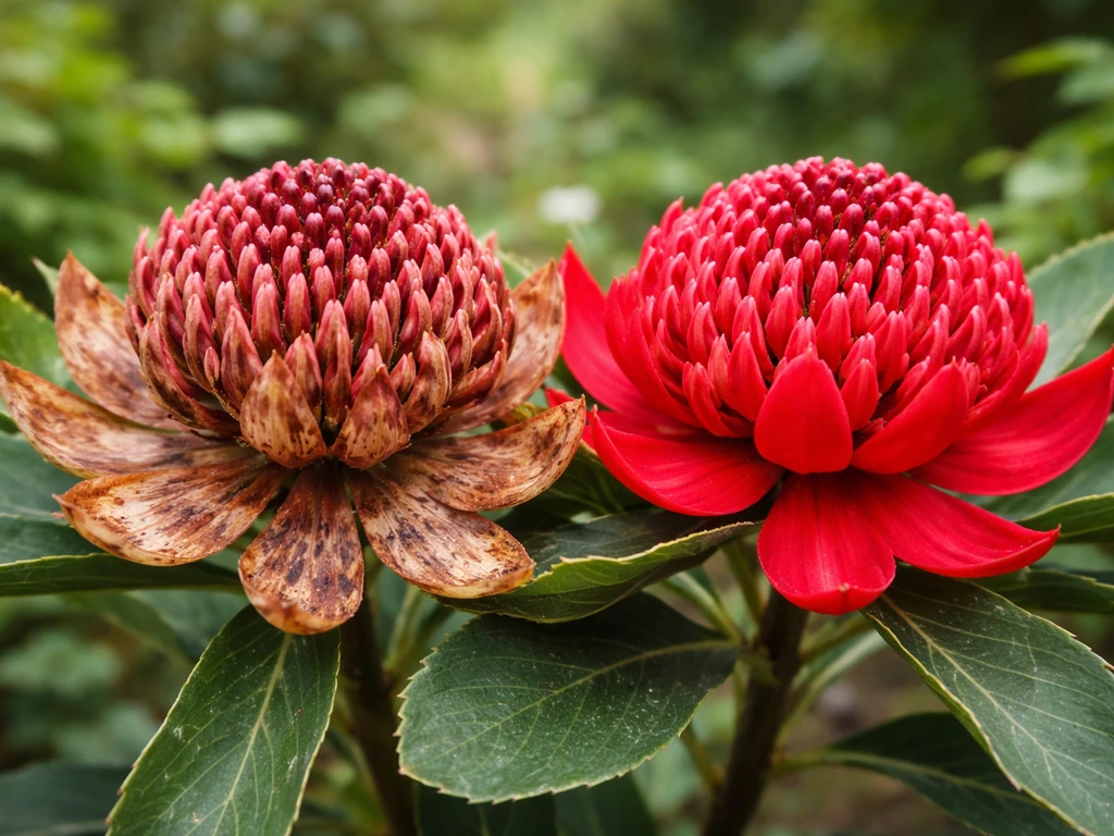 Close-up of two waratah blooms, one healthy red and one with bract browning and faint fungal spotting.