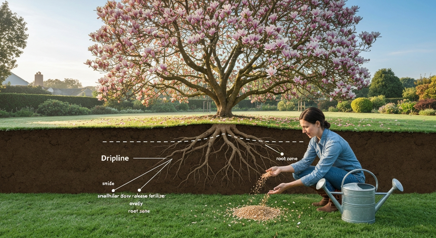 Blooming magnolia with soil cross-section showing wide shallow roots and dripline; hands broadcasting granular fertilizer across root zone.