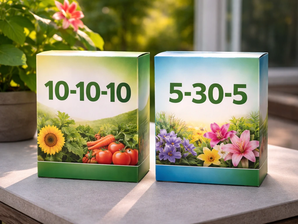 Two Miracle-Gro fertilizer boxes side by side on a patio table, highlighting phosphorus-focused NPK values.