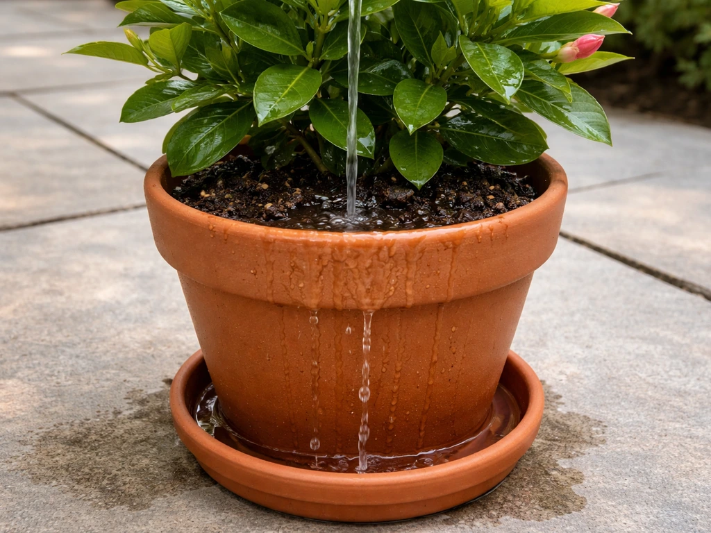 Plain water slowly flushes a potted mandevilla, with runoff draining from the bottom.