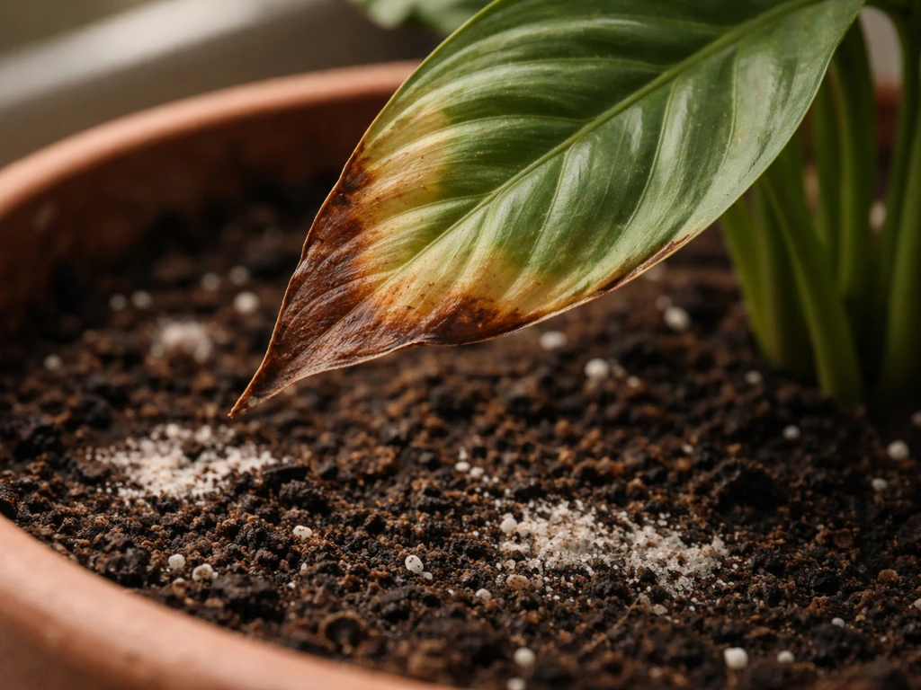 Close-up of a potted plant showing brown crispy leaf tips and white crusty fertilizer on soil surface.