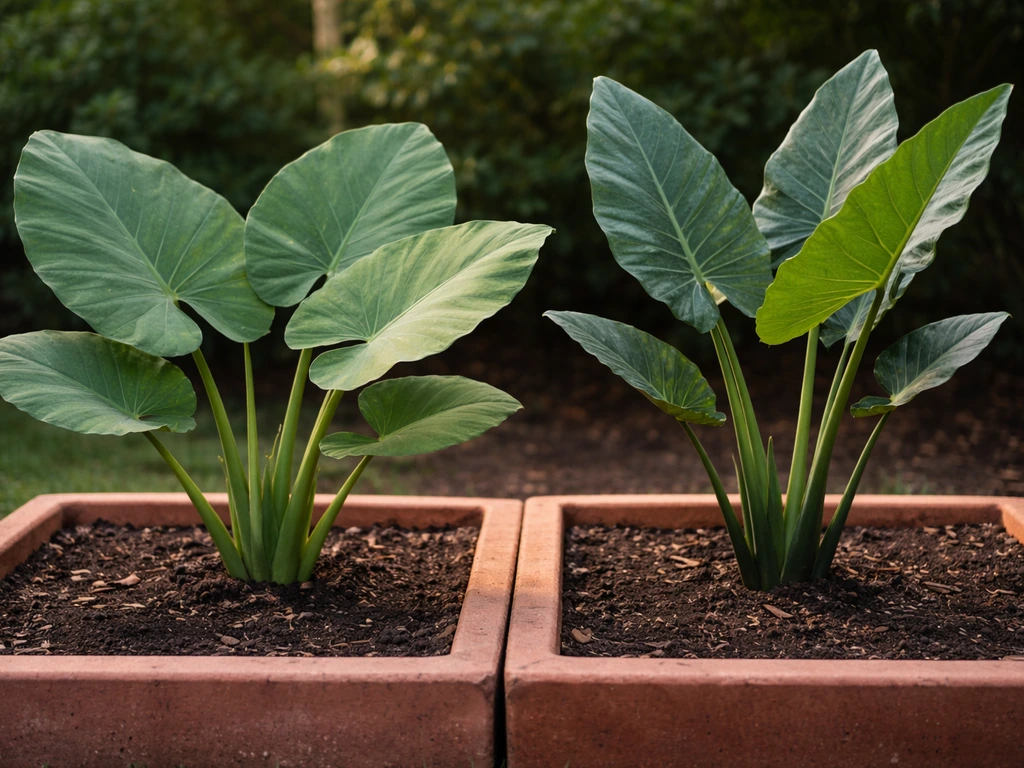 Two elephant ear varieties side by side in a garden bed, showing different leaf shapes and growth habits.