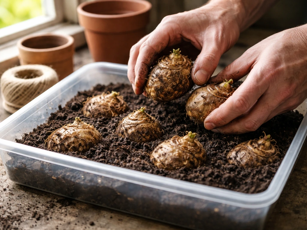 Potted elephant ear corms in a plastic tray with starting medium, covered and ready to overwinter indoors.