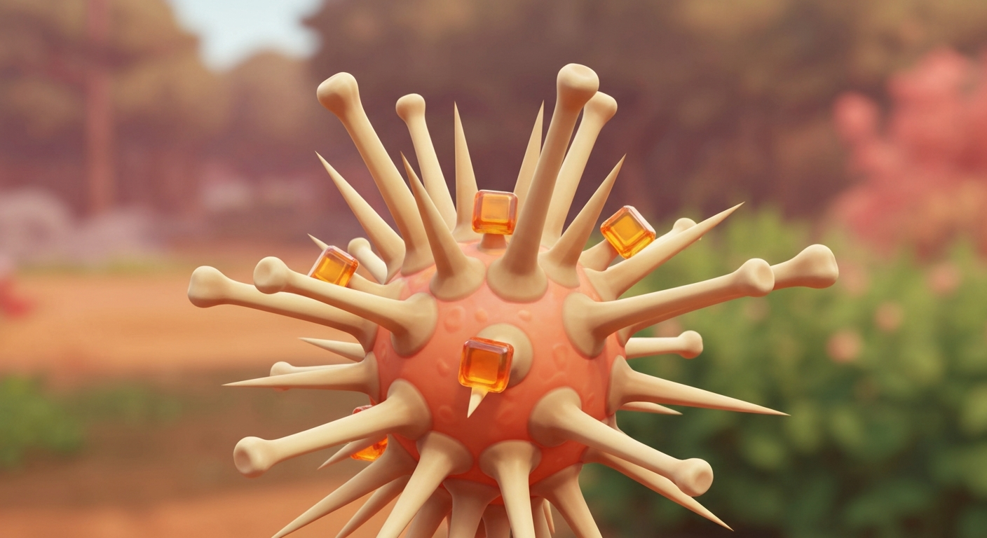 Stylized game-art illustration of the fictional Amber Spine plant with bone-like spines and square amber fruits.