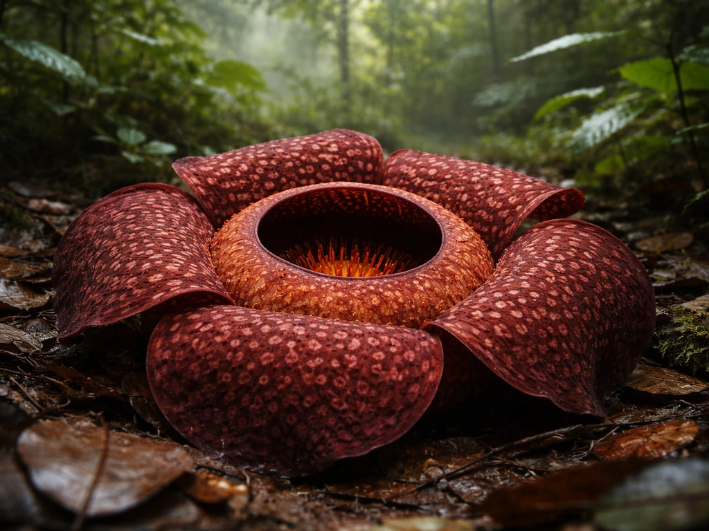 A close-up Rafflesia flower in a humid tropical forest understory, highlighting its rarity.