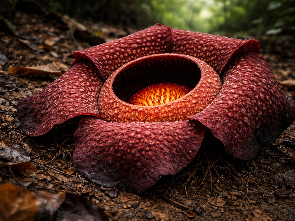 Close-up of a dark red-brown Rafflesia bloom with faint root-like threads suggesting hidden parasitism
