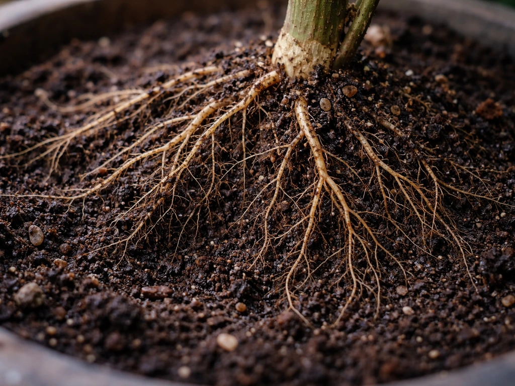 Close-up of a Tetrastigma vine root system embedded in dark soil, showing delicate roots and moist substrate.