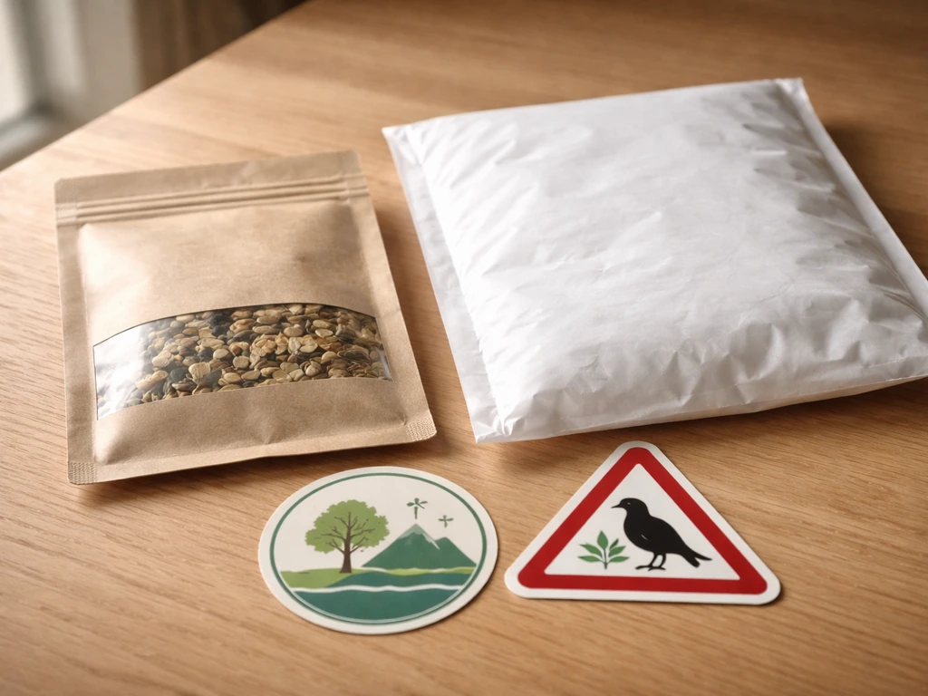 Close-up of seed packets near a protected warning sign and conservation icon, suggesting legal conservation risk.
