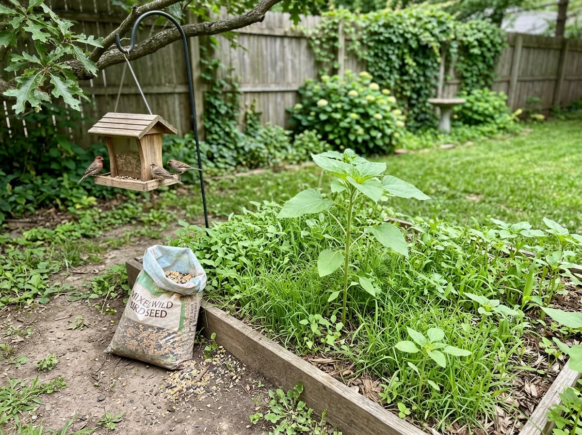 Backyard garden bed showing sprouted wild bird seed, including a young sunflower among seedlings