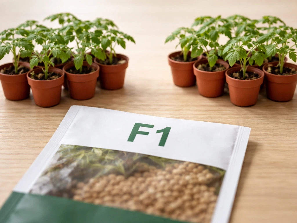 Close-up of an F1 seed packet beside two small potted plant lines overlapping to suggest hybrid crossing.