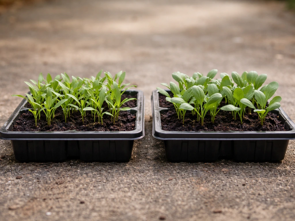 Two nearby trays of young seedlings with subtle differences in leaf shape and color.