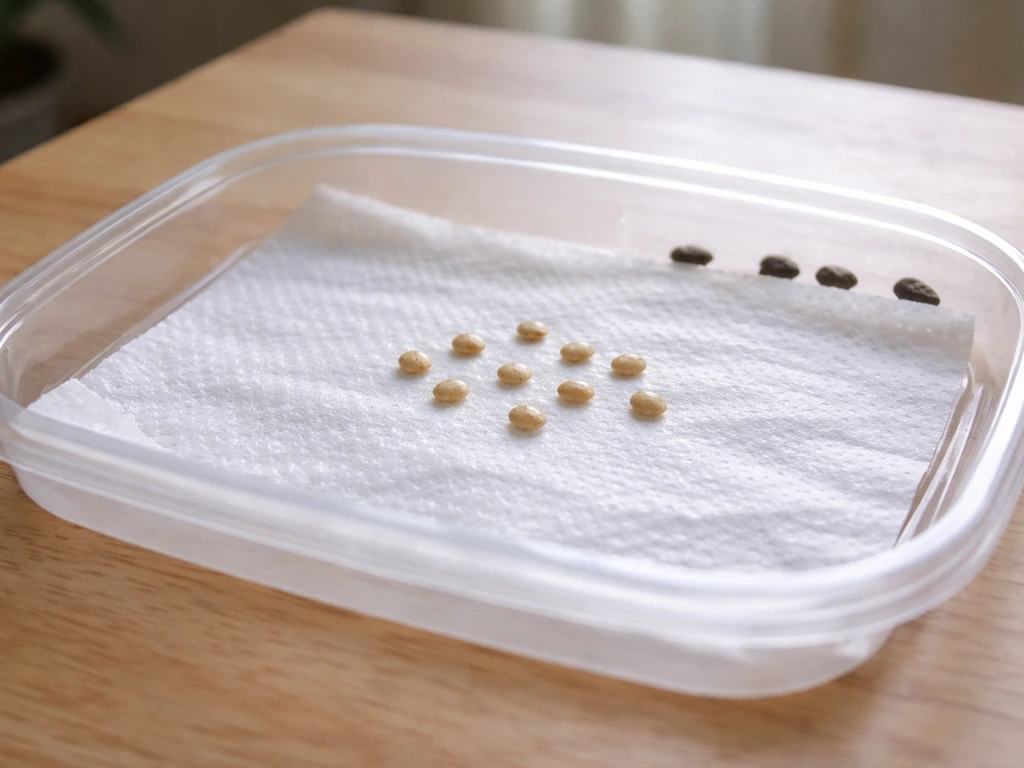 Ten saved seeds on a damp paper towel with small timeline markers during a germination test